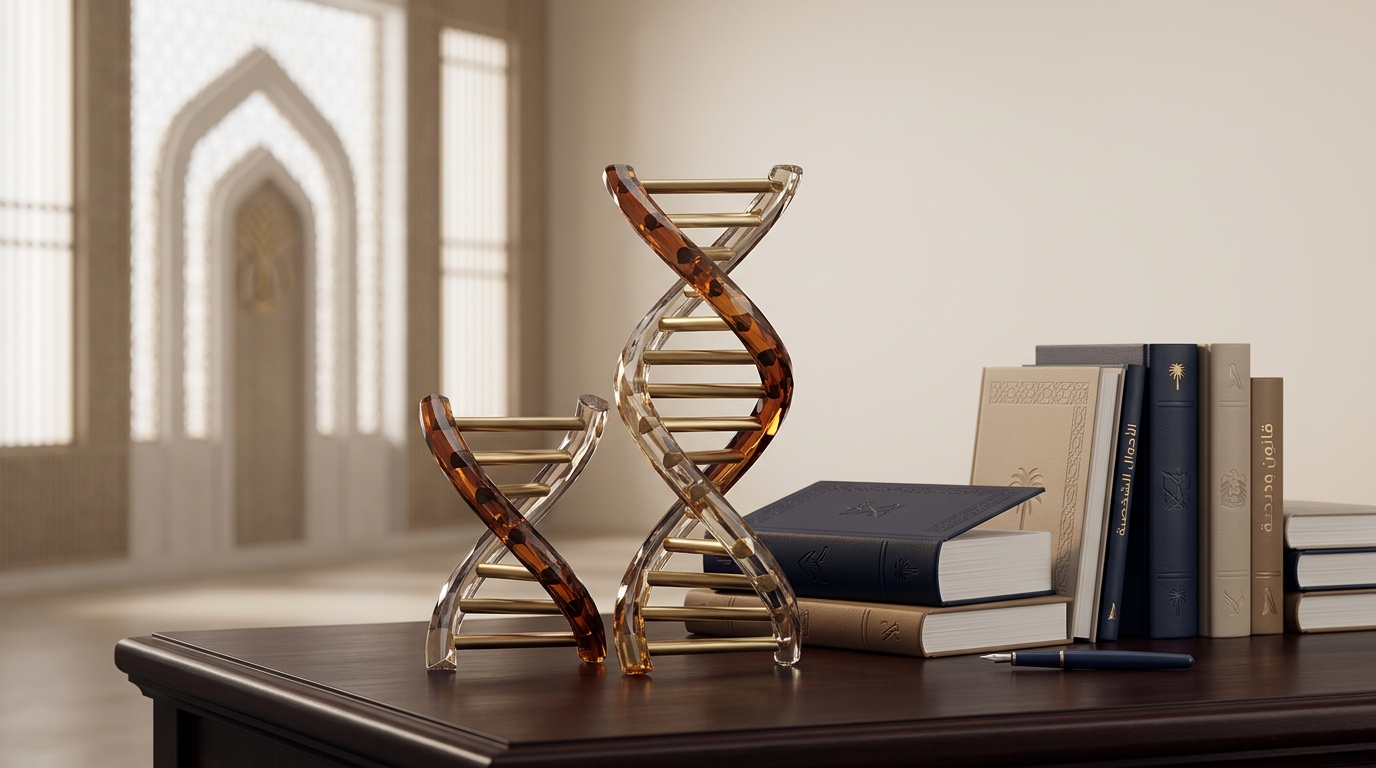 ميزان العدالة مع رمز علمي للبصمة الوراثية DNA يعبر عن إثبات النسب في القضاء