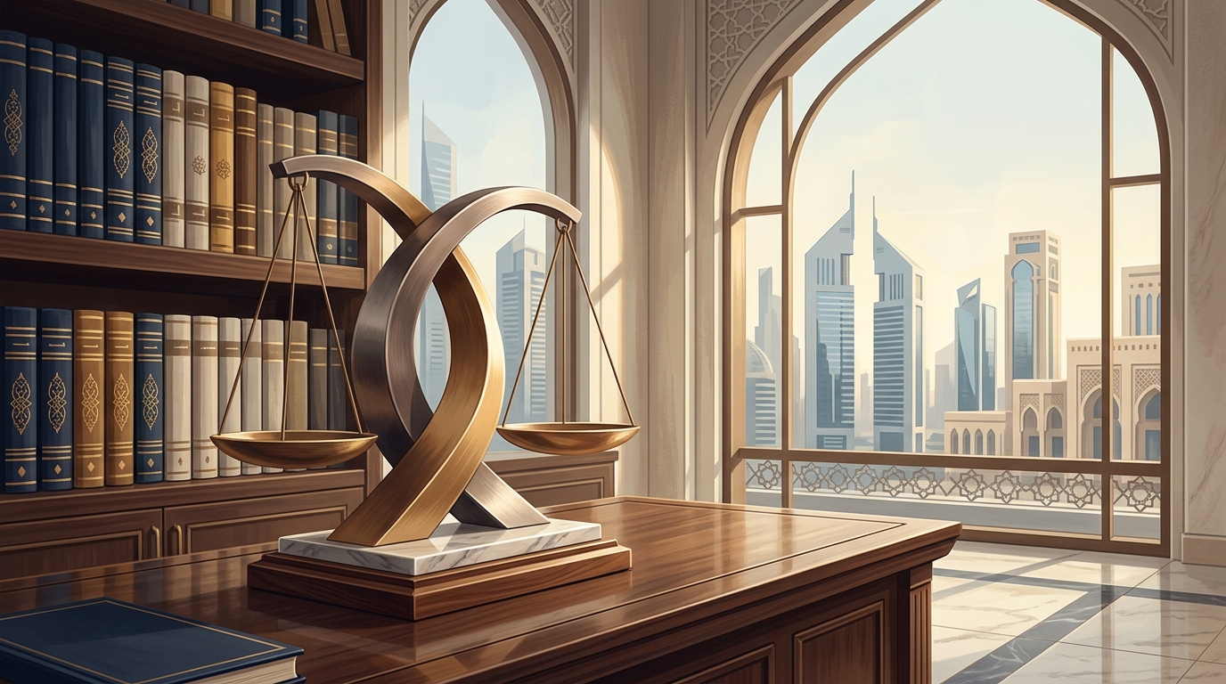 Scales of justice with symbolic representations of family and estate law in the UAE