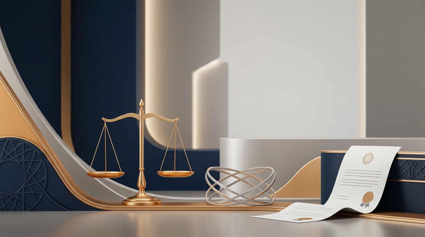 رسم رمزي يمثل ميزان العدالة وأوراق عقود قانونية توضح قانون الأحوال الشخصية المدني