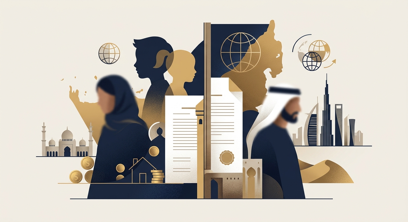 رسم توضيحي رمزي يعبر عن تعقيدات الطلاق، يظهر شخصين منفصلين رمزياً مع عناصر تمثل الأطفال والأصول المالية والخلفيات الدولية.